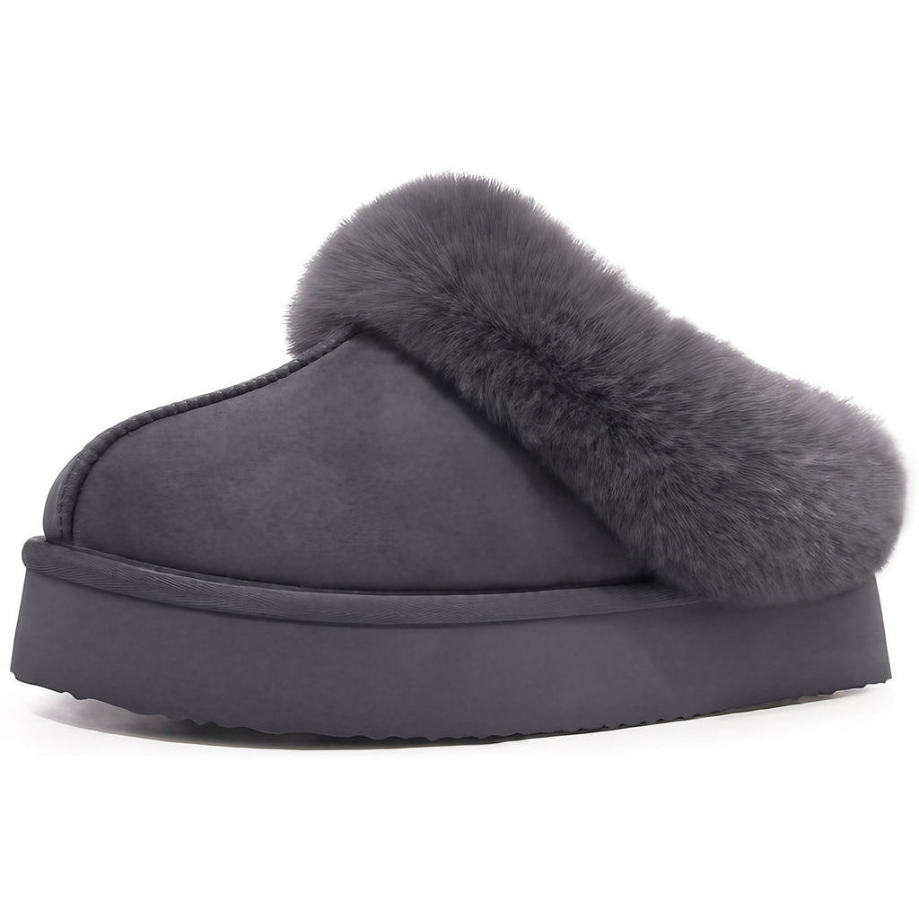 Chaussons mules fourrés femme en suédine, semelle épaisse, gris