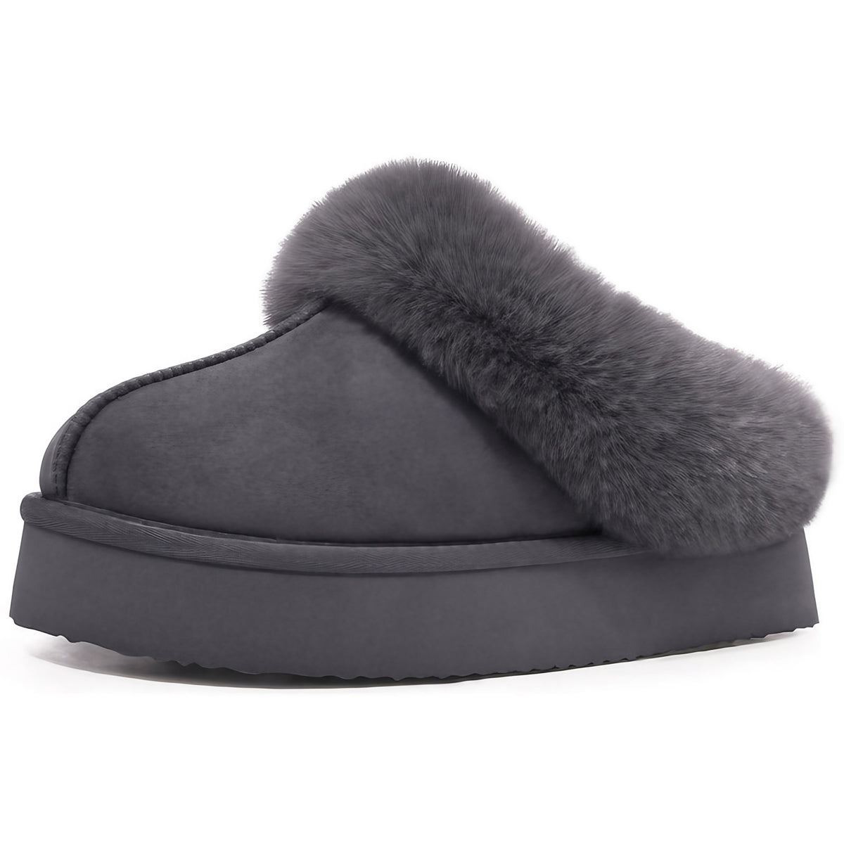 Chaussons mules fourrés femme en suédine, semelle épaisse, gris