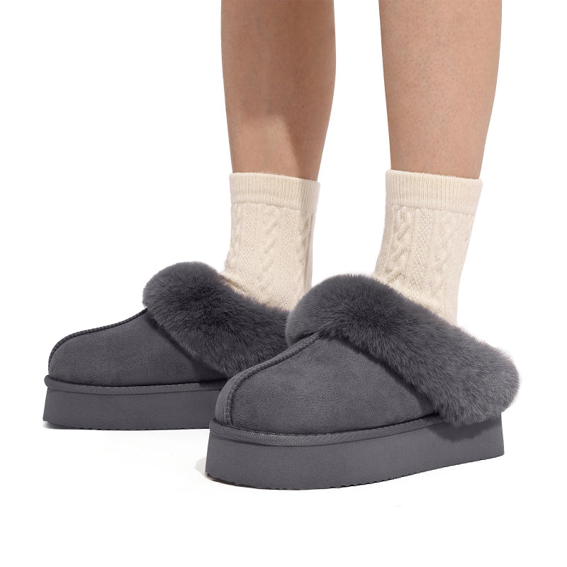 Chaussons mules fourrés femme en suédine, semelle épaisse