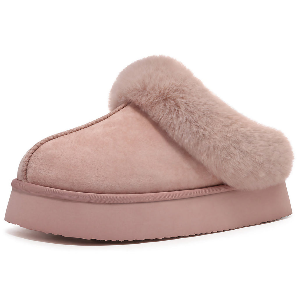 Chaussons mules fourrés femme en suédine, semelle épaisse, rose