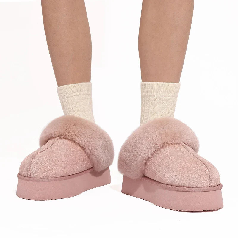 Chaussons mules fourrés femme en suédine, semelle épaisse