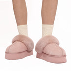 Chaussons mules fourrés femme en suédine, semelle épaisse