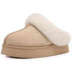 Chaussons mules fourrés femme en suédine, semelle épaisse, kaki