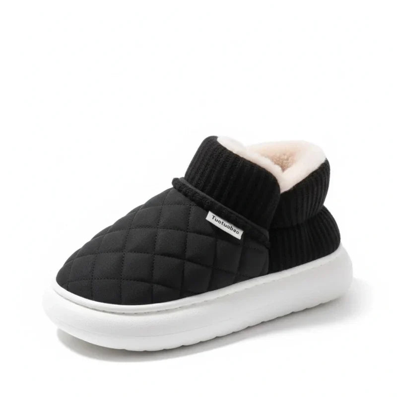 Chaussons femme d'hiver fourrés, dessus matelassé effet daim, noir