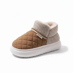 Chaussons femme d'hiver fourrés, dessus matelassé effet daim, marron