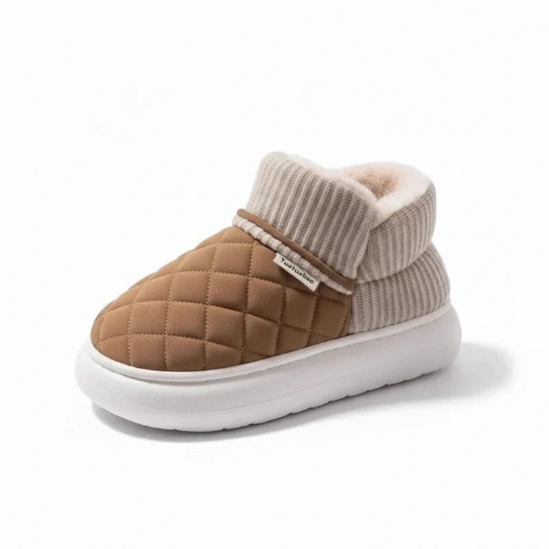 Chaussons femme d'hiver fourrés, dessus matelassé effet daim, marron