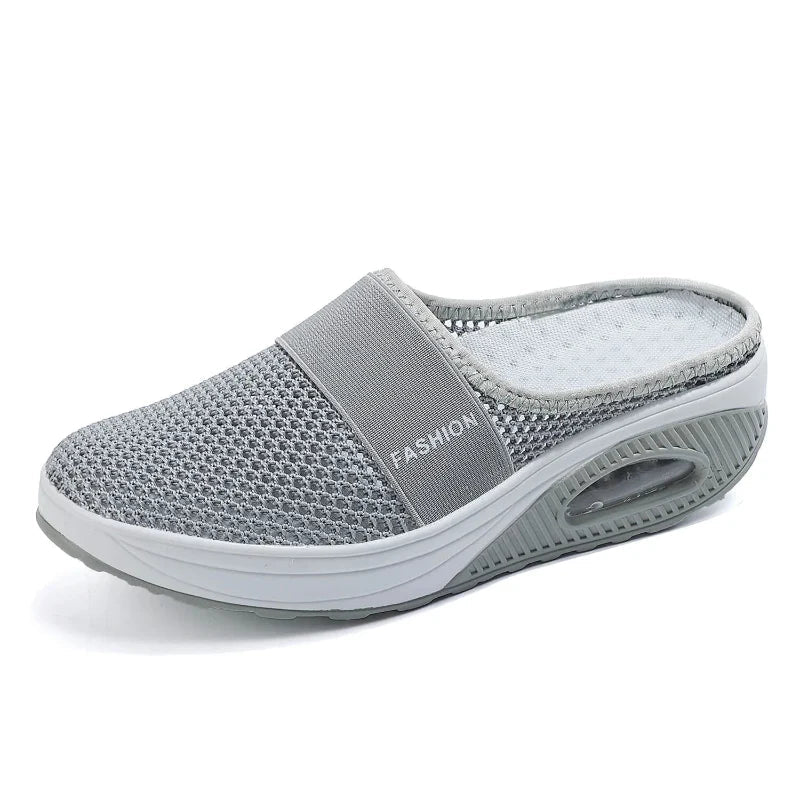 Mules de marche femme en maille, semelle EVA à coussin d'air, gris