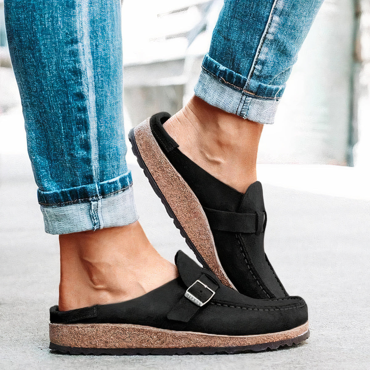 Chaussons femme à boucle, semelle intérieure qui épouse le pied, noir