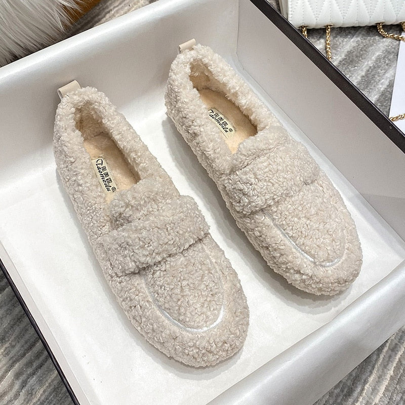 Chaussons femme en peluche, semelle antidérapante, du 35 au 43, crème