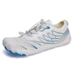 Chaussures aquatiques pieds nus mixtes, semelle caoutchouc, blanc et bleu