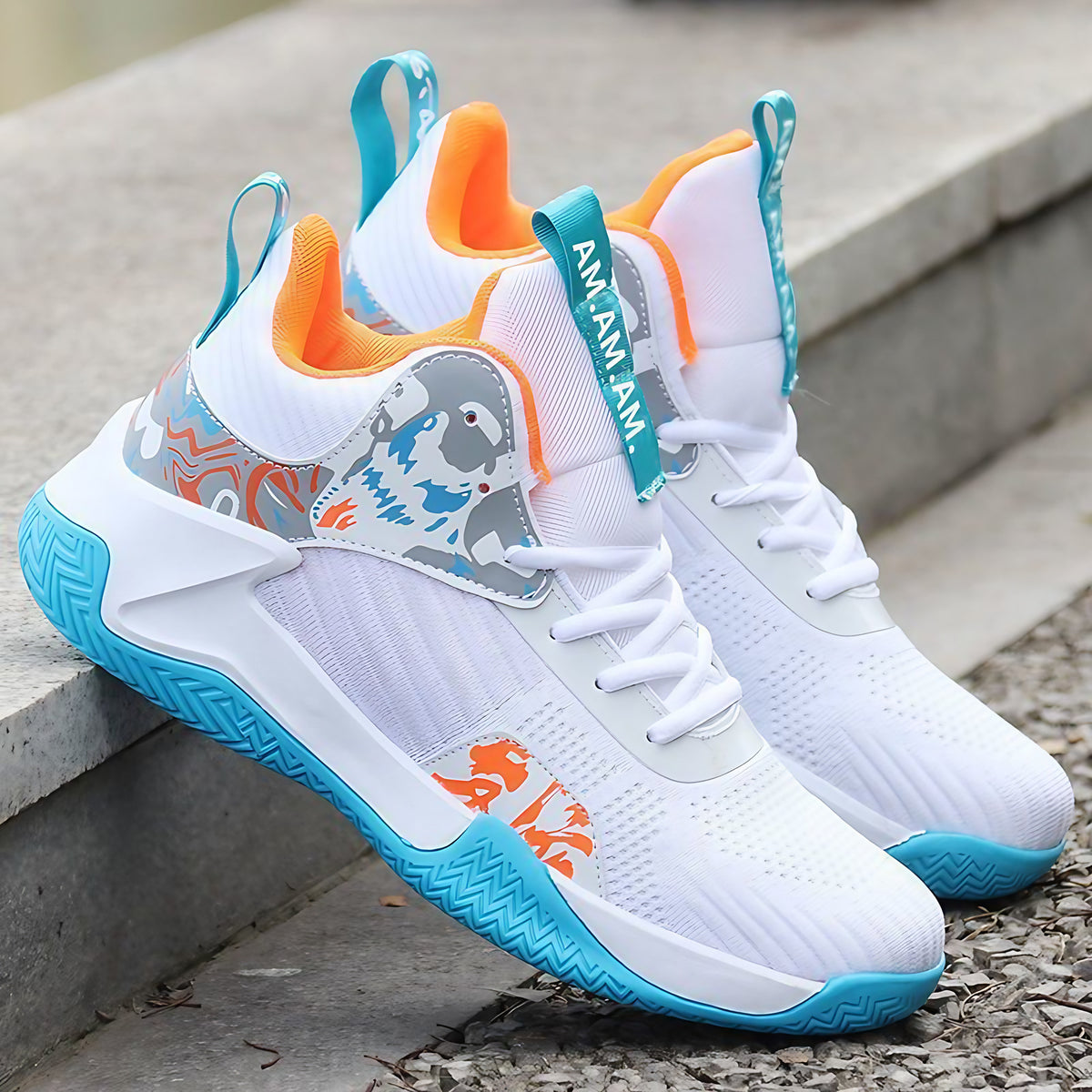 Chaussures de course homme à renforts latéraux, du 39 au 45, blanc et bleu