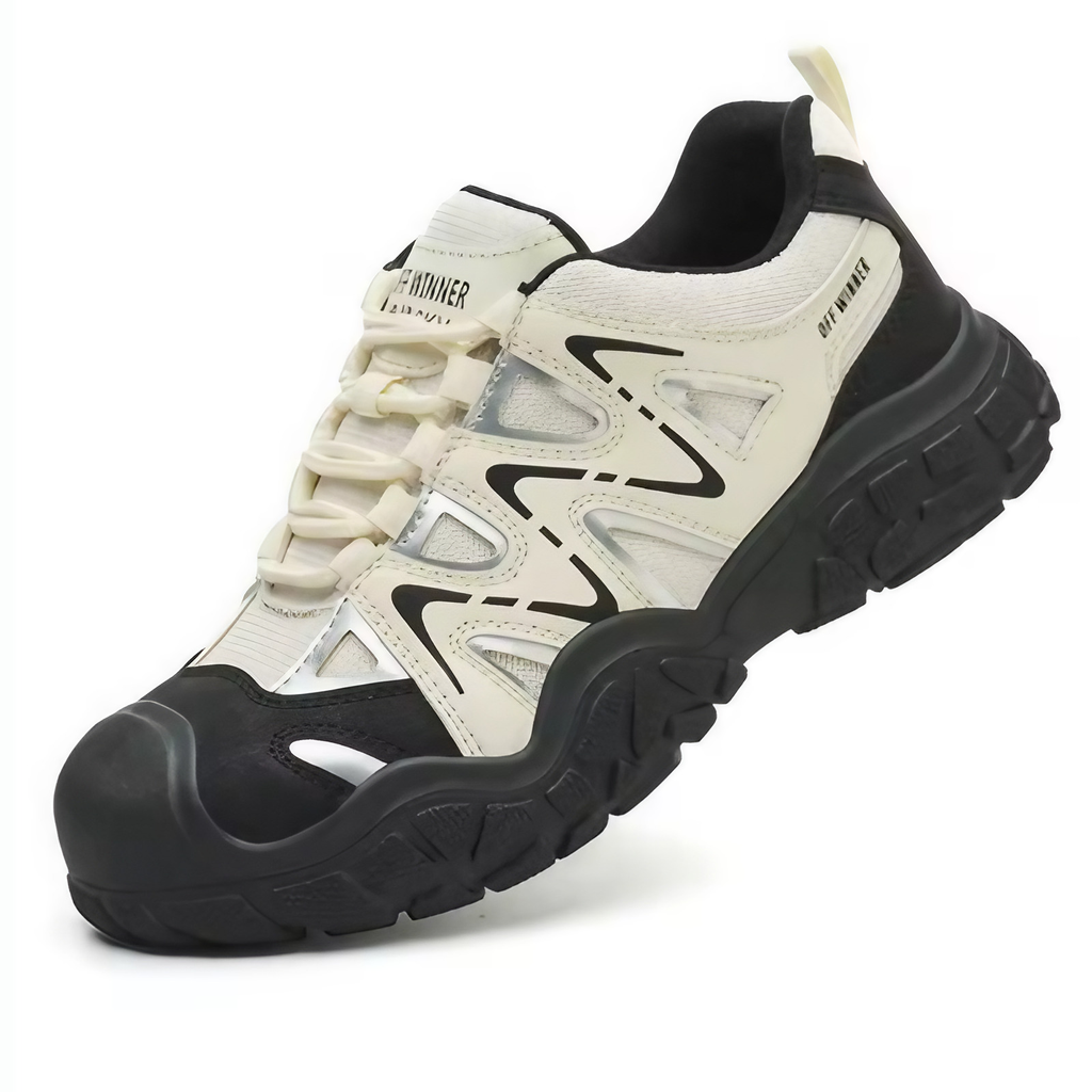 Chaussures de sécurité femme, embout acier, serrage sans lacets, beige et noir