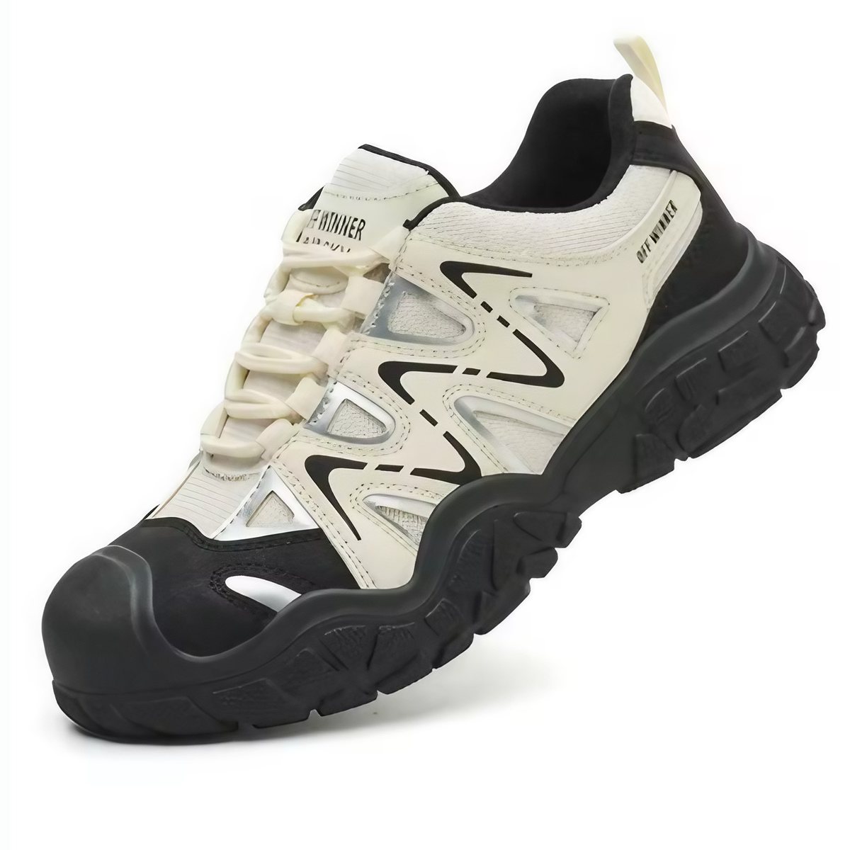 Chaussures de sécurité femme, embout acier, serrage sans lacets, beige et noir