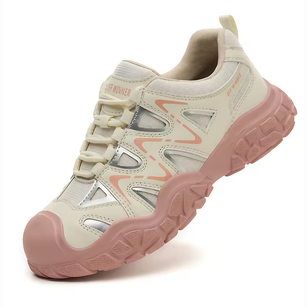 Chaussures de sécurité femme, embout acier, serrage sans lacets, beige et rose