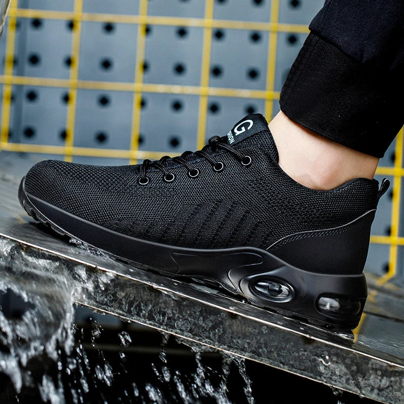 Chaussures de sécurité unisexe noires, embout acier, coussin d'air
