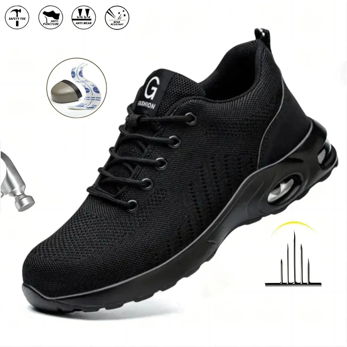 Chaussures de sécurité unisexe noires, embout acier, coussin d'air