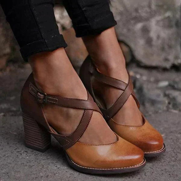 Chaussures femme à brides croisées et talon épais, style rétro, marron