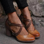 Chaussures femme à talon épais et brides croisées, marron, marron