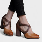 Chaussures femme à talon épais et brides croisées, marron
