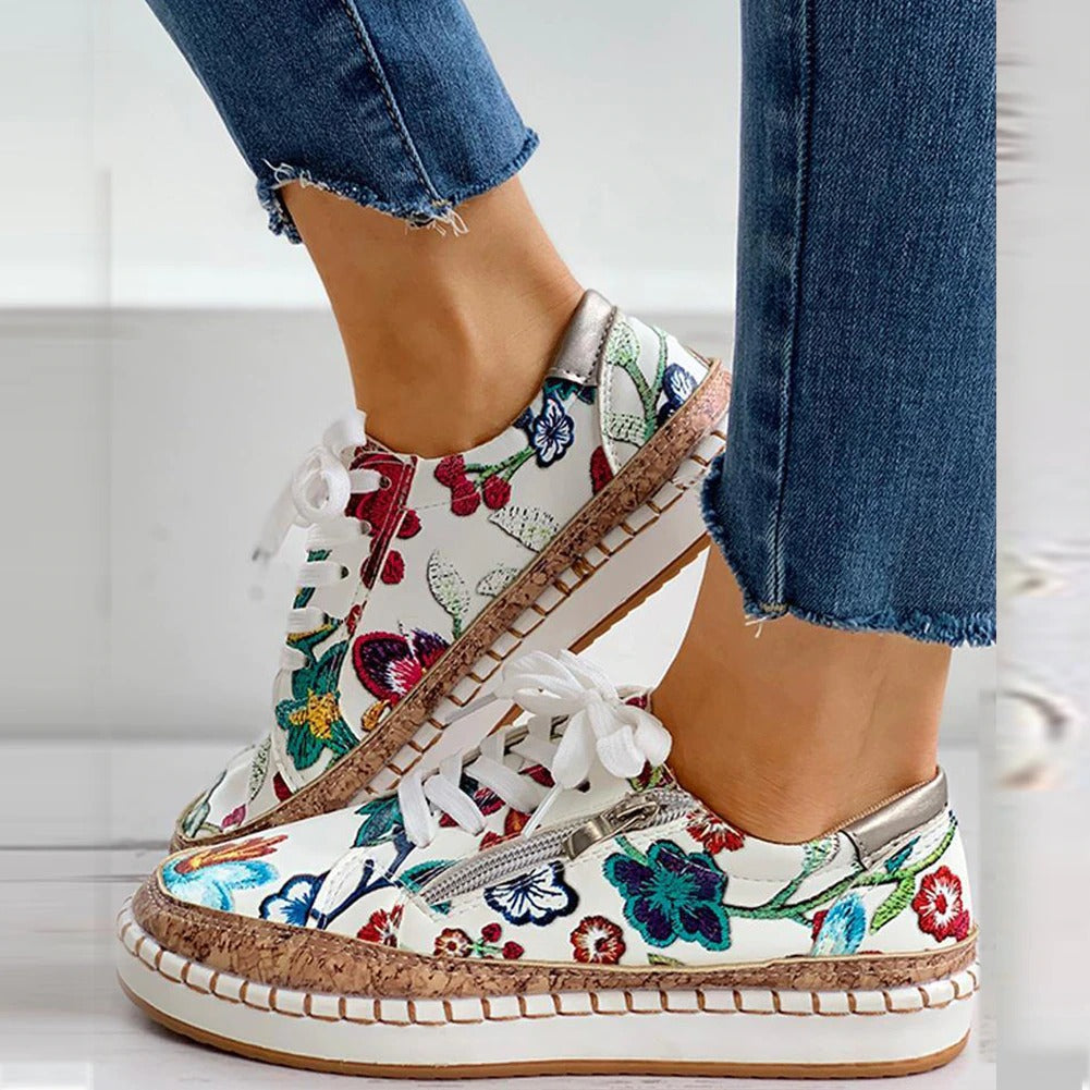 Baskets fleuries femme à enfiler, tirette au talon