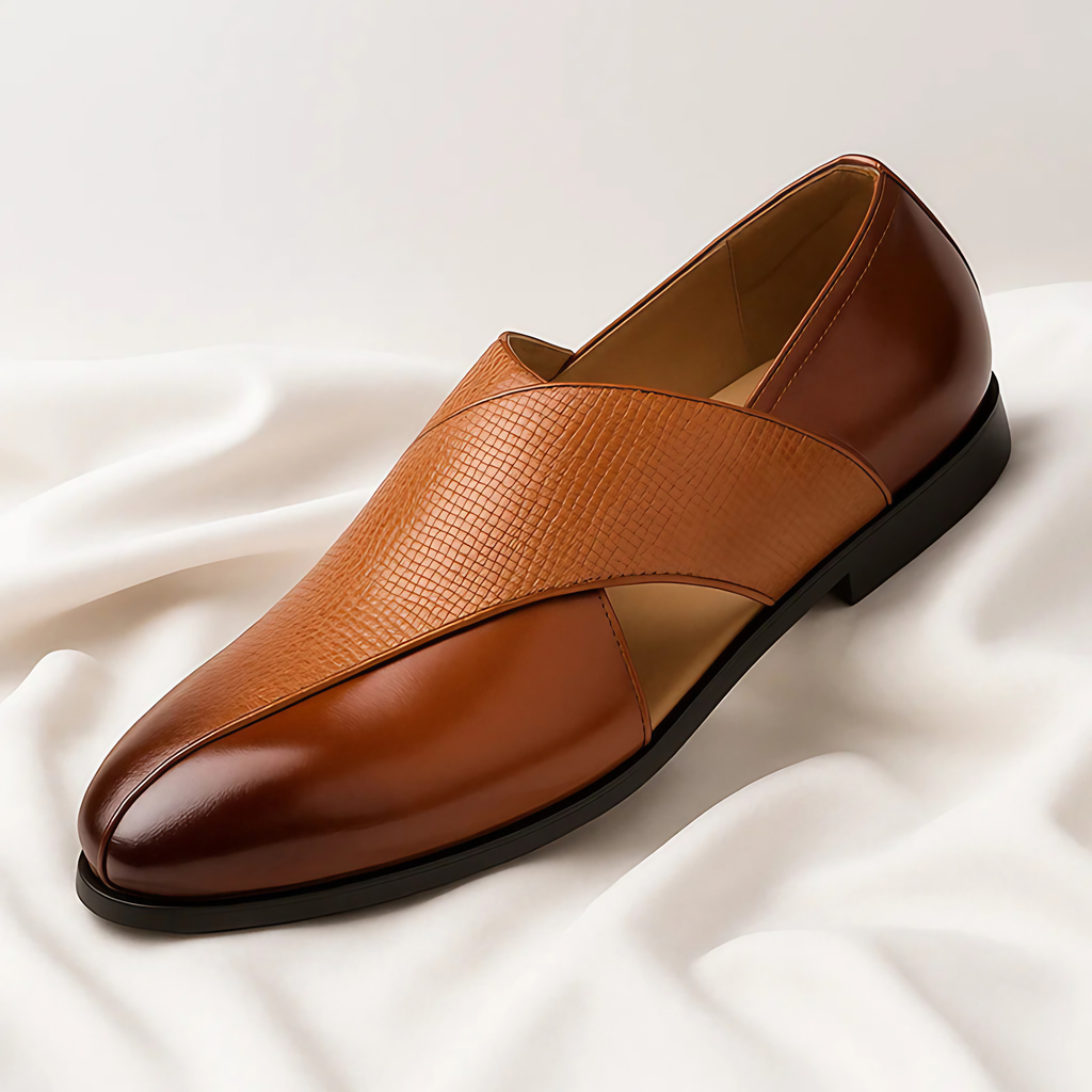 Chaussures habillées homme sans lacets, bande croisée texturée, café