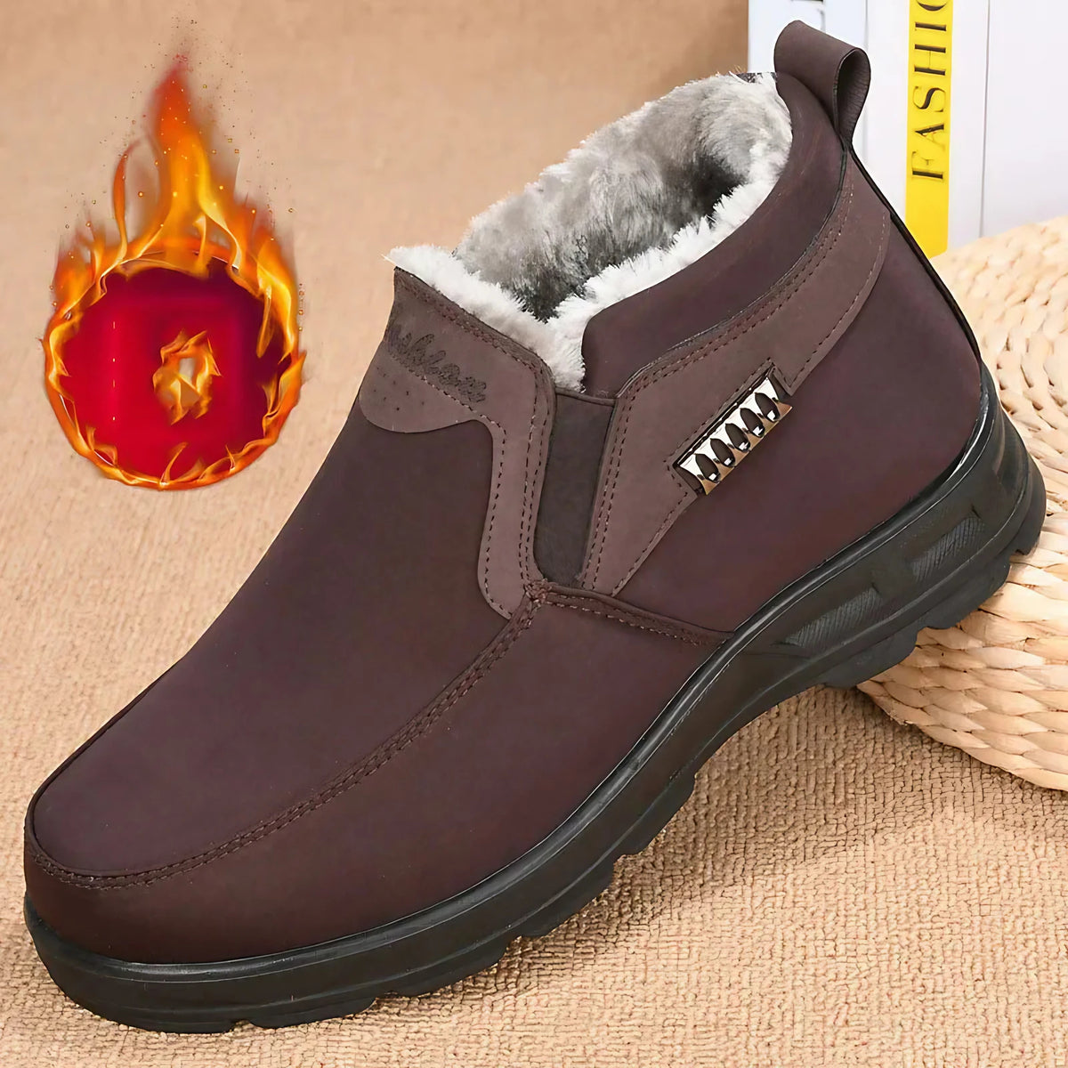 Chaussures d'hiver homme à enfiler, semelle antidérapante, marron