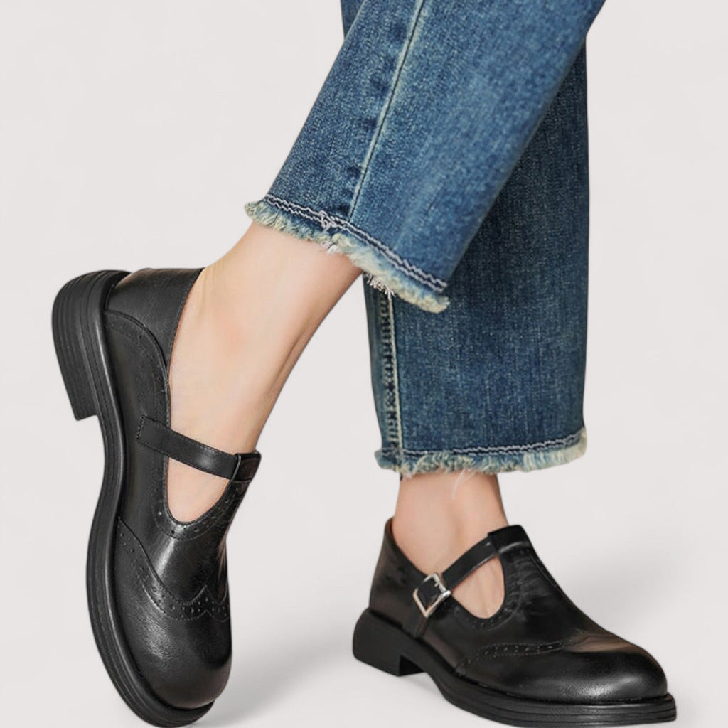 Babies orthopédiques femme en cuir, bride à la cheville, talon bas, noir
