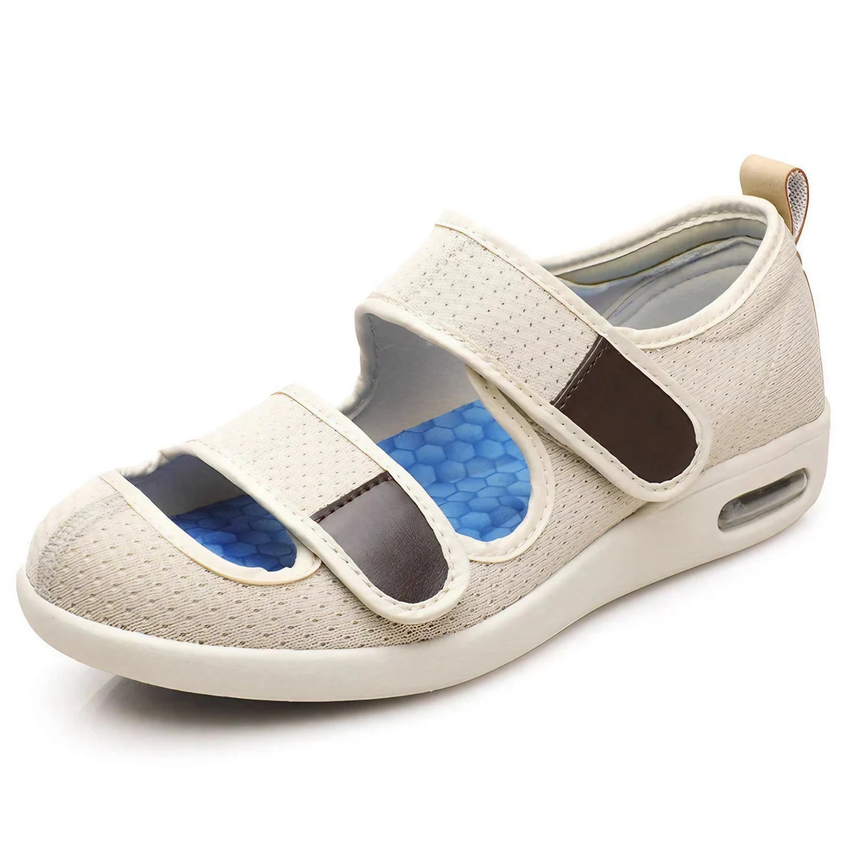 Chaussures orthopédiques ouvertes femme à scratch, maille, beige
