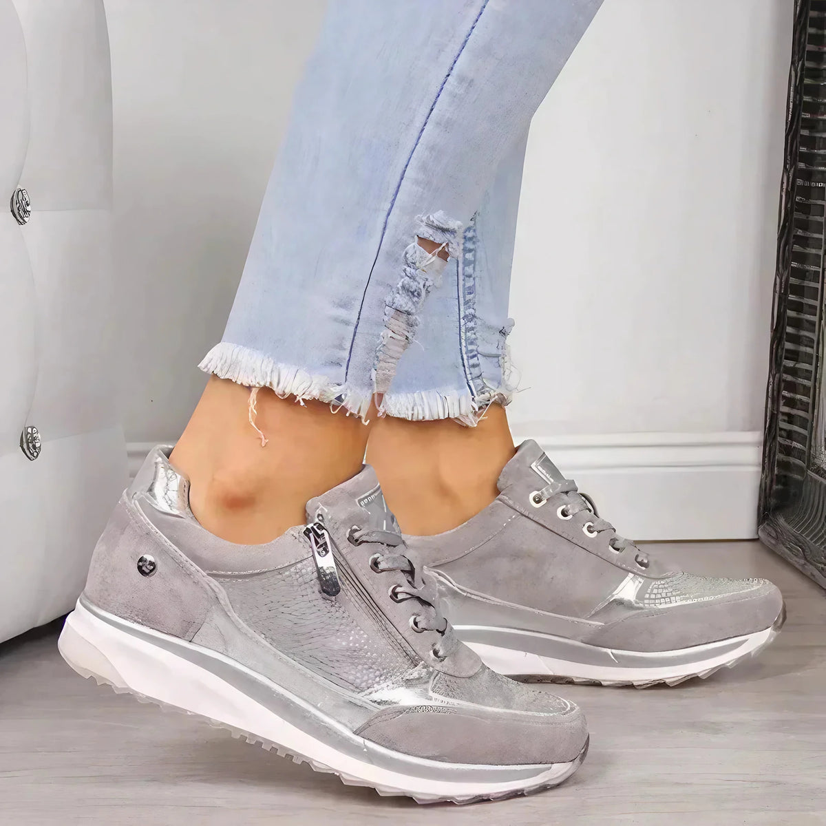 Chaussures orthopédiques femme, semelle antidérapante, pieds larges, gris