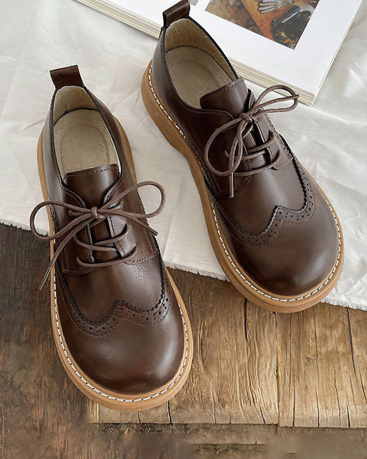 Chaussures Oxford femme rétro, coutures classiques, quatre coloris, café