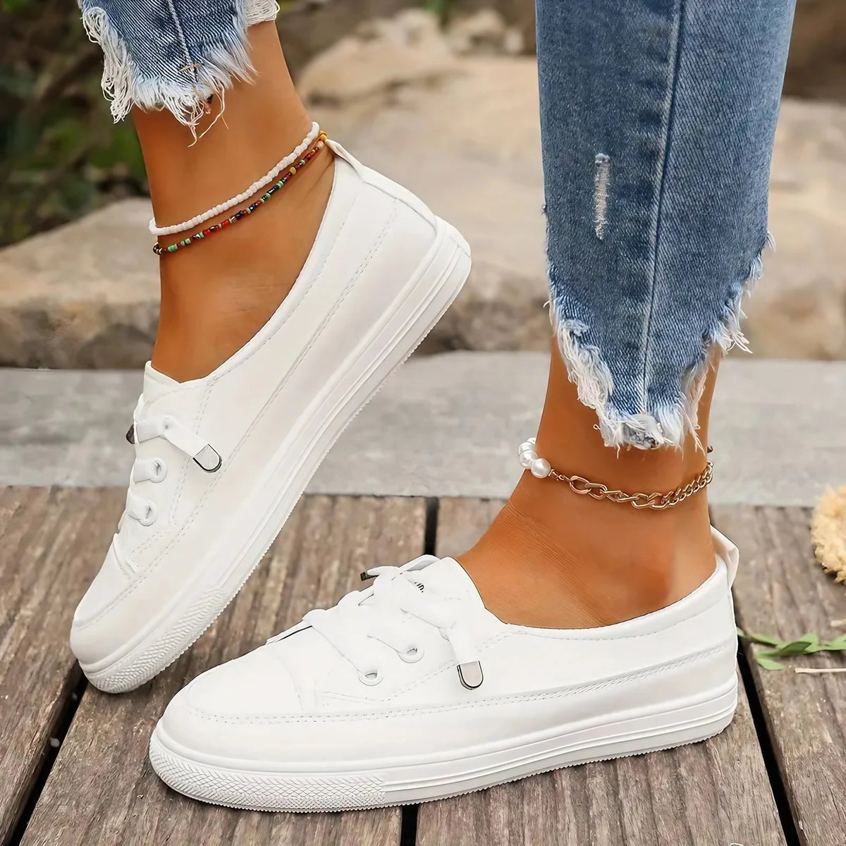 Chaussures plates femme blanches, semelle intérieure rembourrée, blanc