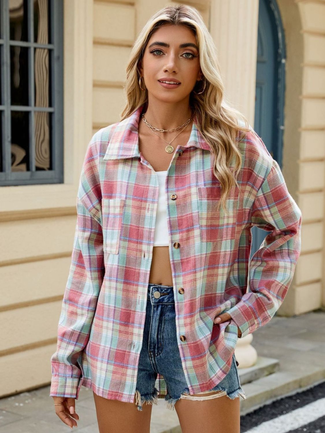 Chemise à carreaux femme, manches longues, huit coloris, rose