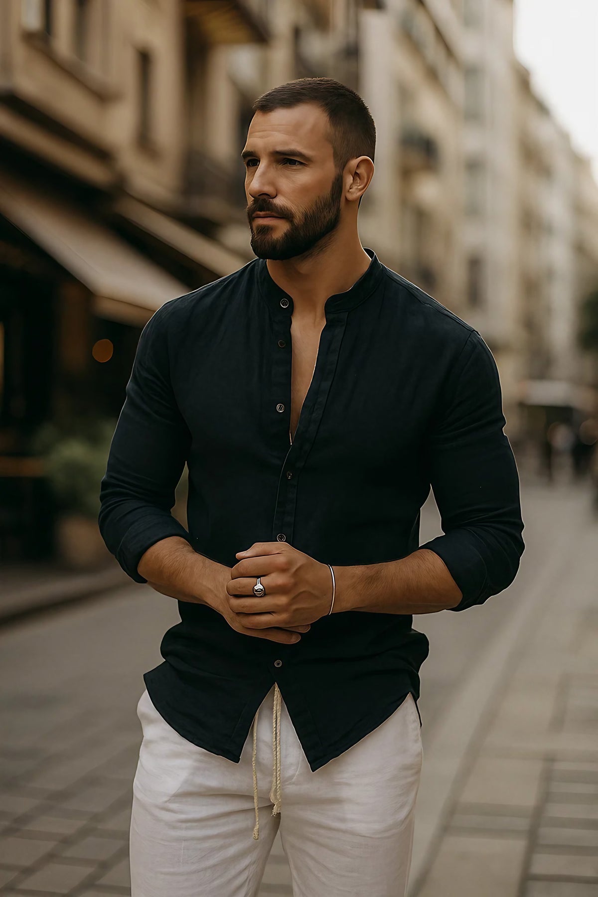 Chemise homme à manches 3/4, coupe fluide, sept coloris, noir