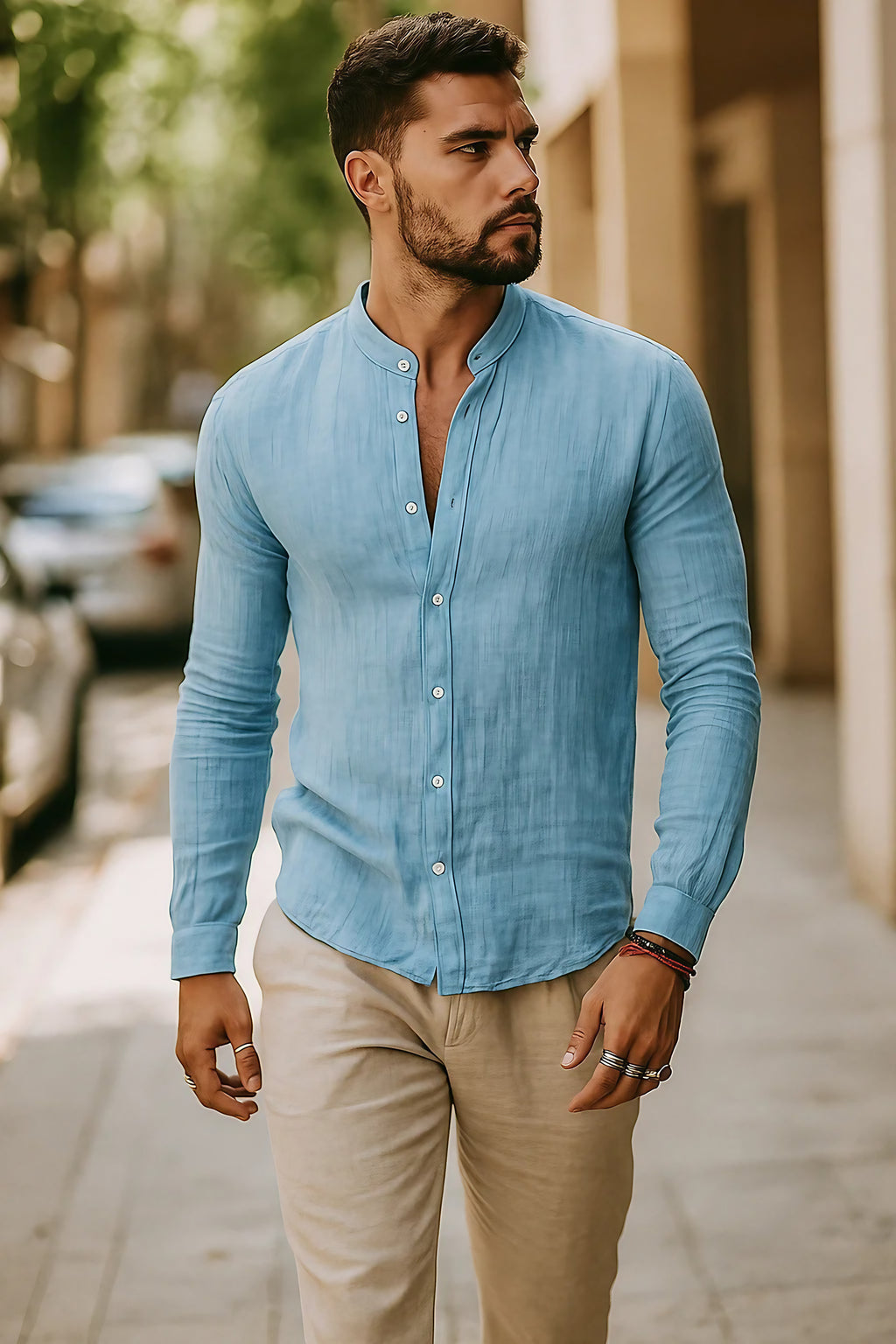 Chemise homme à manches 3/4, coupe fluide, sept coloris, bleu clair