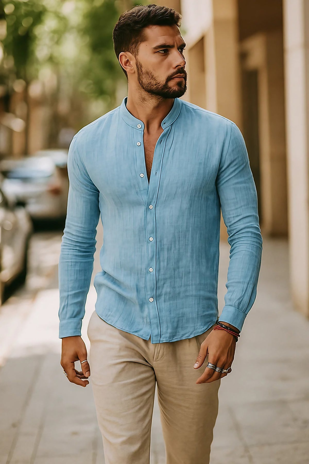 Chemise homme à manches 3/4, coupe fluide, sept coloris, bleu clair