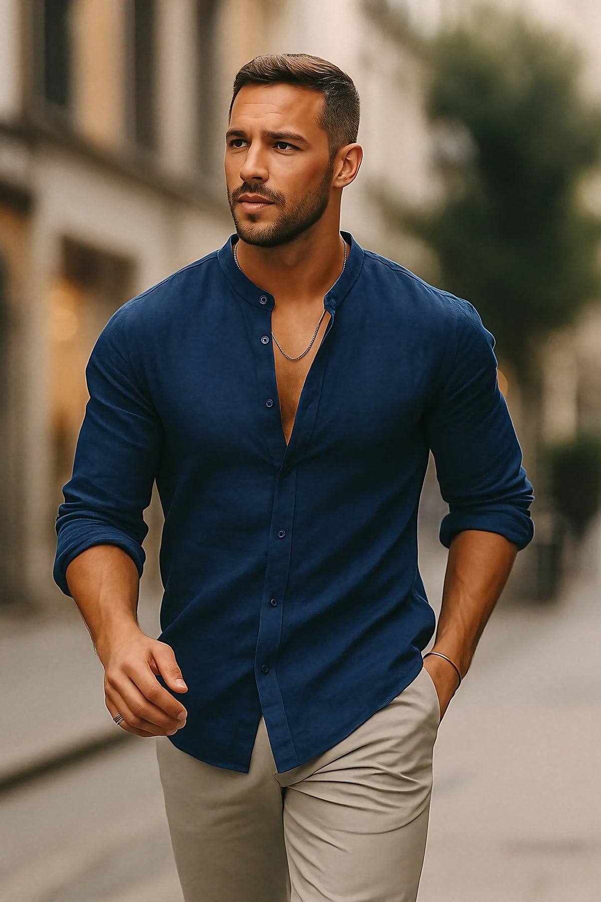 Chemise homme à manches 3/4, coupe fluide, sept coloris, bleu