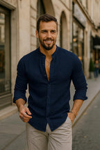 Chemise homme à manches 3/4, coupe fluide, sept coloris, bleu foncé