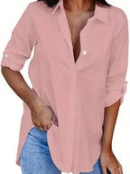 Chemise femme coupe ajustée, manches retroussables à pattes, rose foncé
