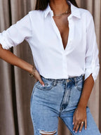 Chemise femme coupe ajustée, manches retroussables à pattes, blanc
