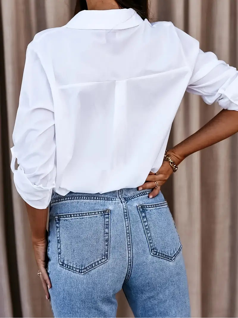 Chemise femme coupe ajustée, manches retroussables à pattes
