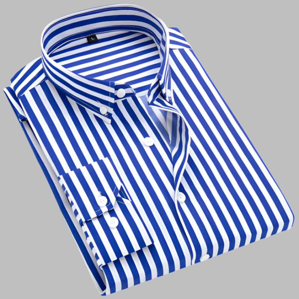 Chemise rayée homme à col boutonné, manches longues, bleu foncé