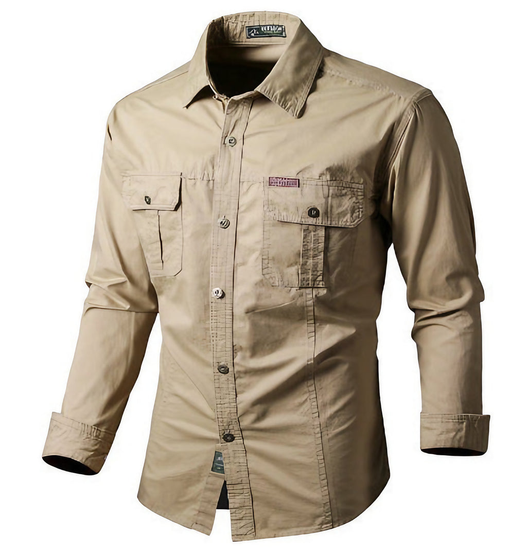 Chemise cargo homme manches longues, poches poitrine, M au 6XL, kaki