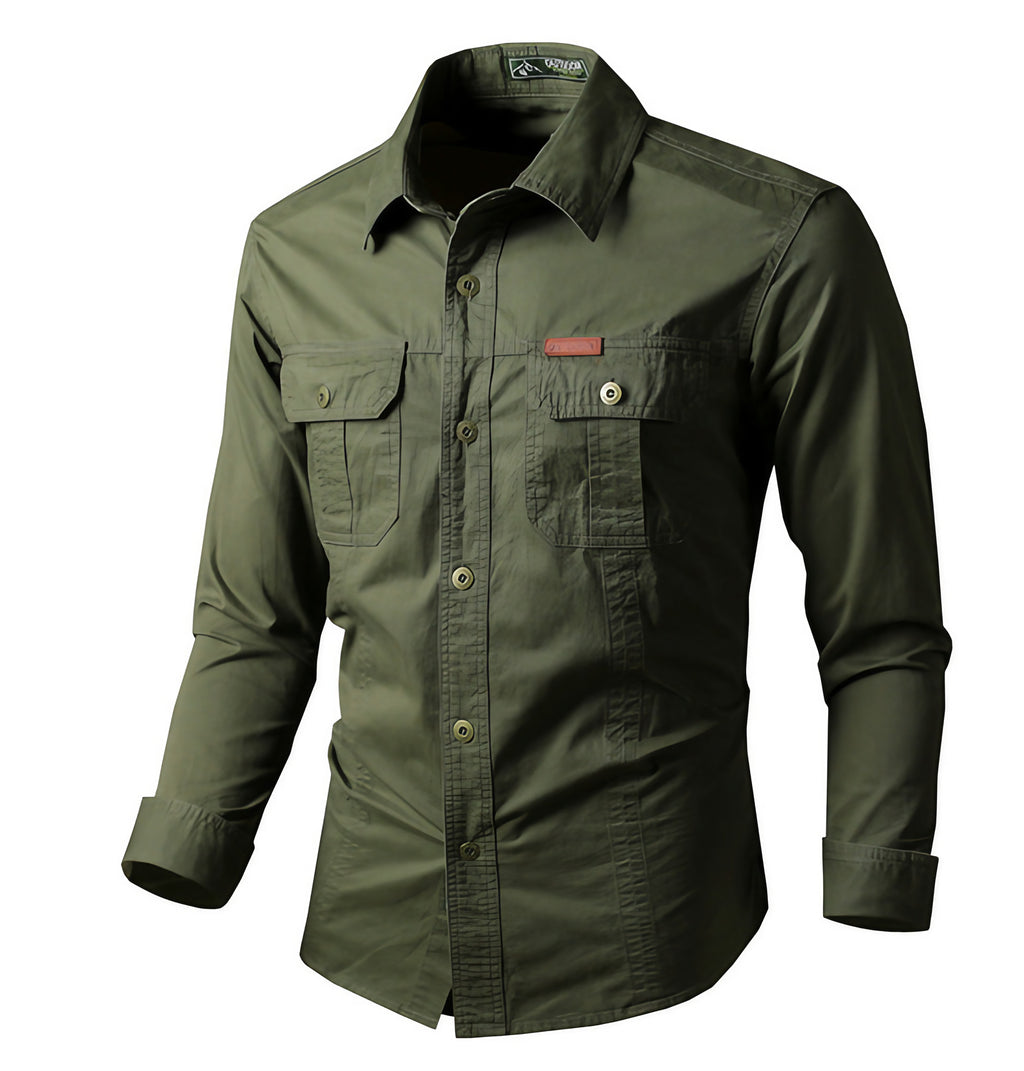 Chemise cargo homme manches longues, poches poitrine, M au 6XL, vert armée