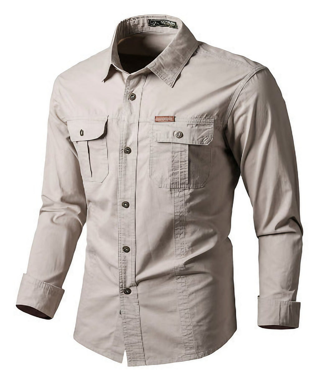 Chemise cargo homme manches longues, poches poitrine, M au 6XL, beige