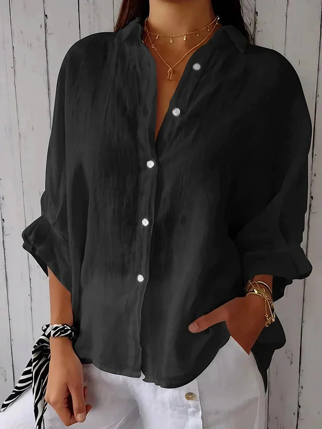 Chemise femme nouée à la taille, huit coloris, du S au 5XL, noir