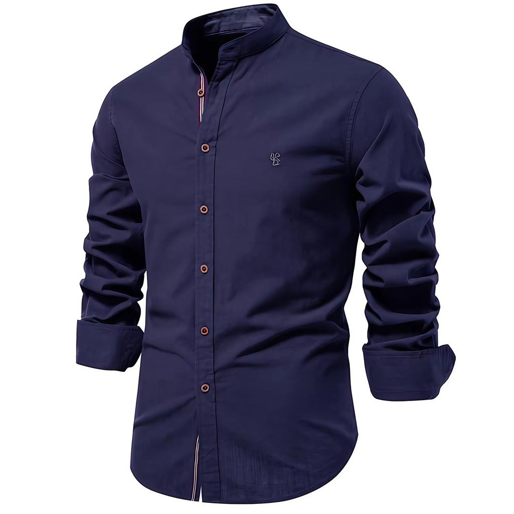 Chemise homme col Mao, coupe ajustée, huit coloris, bleu foncé