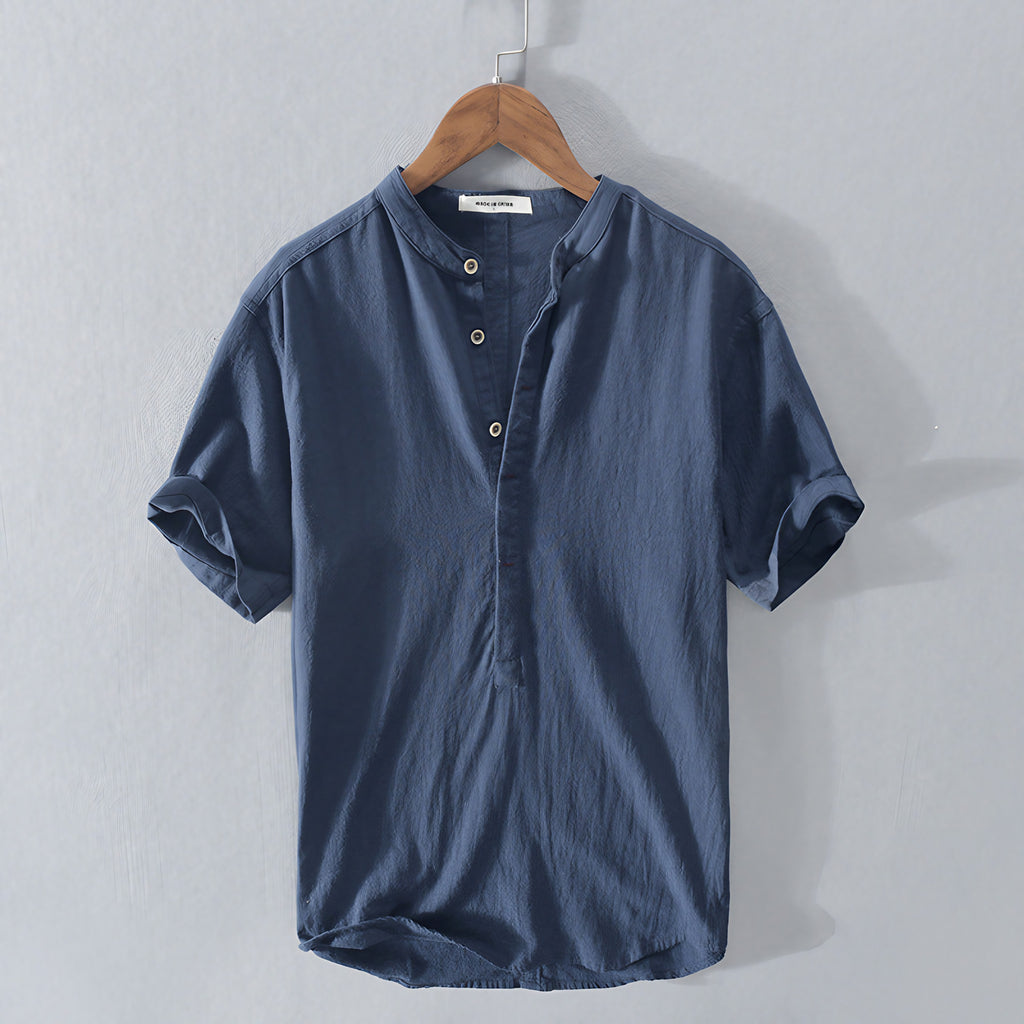 Chemise homme à manches courtes, col ouvert, coupe ample, bleu marine