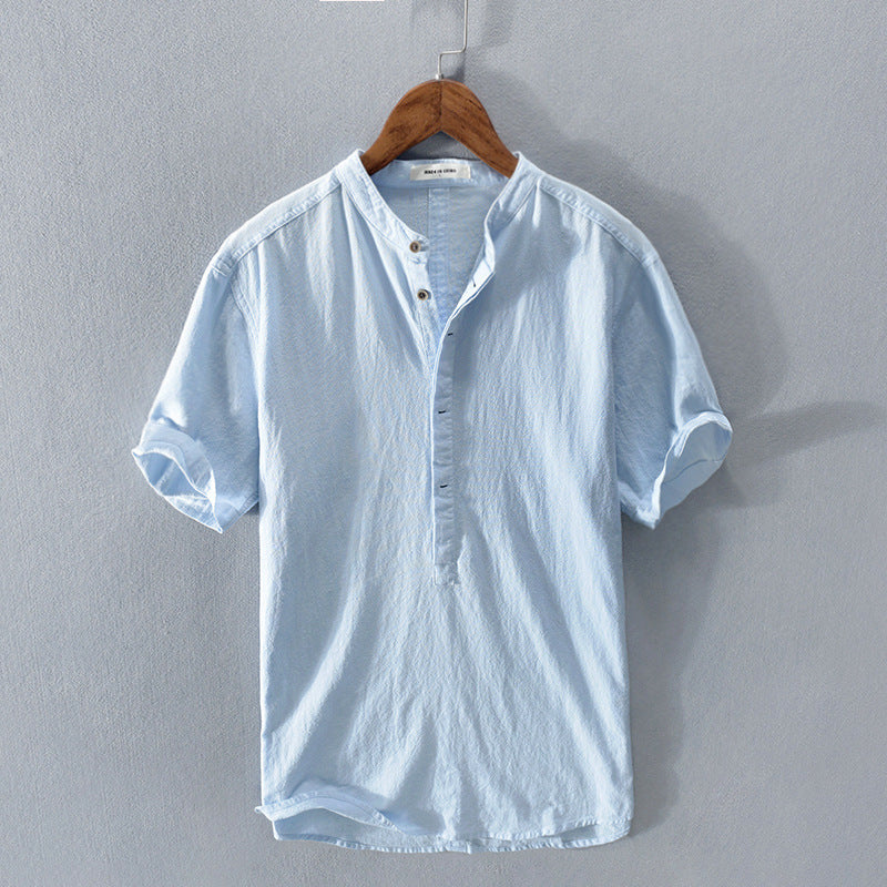 Chemise homme à manches courtes, col ouvert, coupe ample, bleu clair