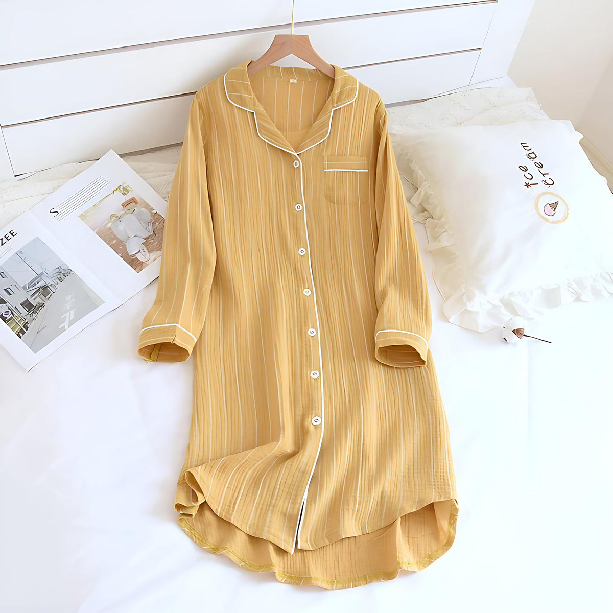 Chemise de nuit femme à rayures pastel, col à revers, jaune