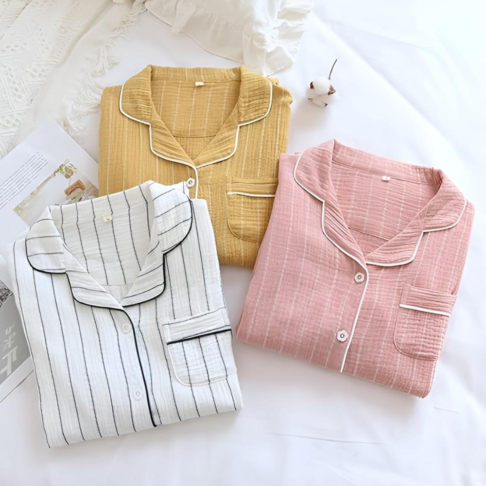 Chemise de nuit femme à rayures pastel, col à revers